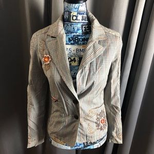 Forever 21 Plaid Blazer with Embroidered Floral Accents - Gray, Orange